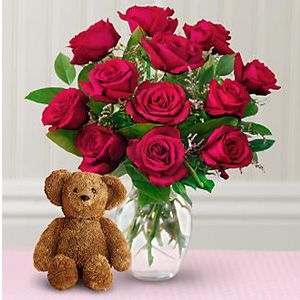 Dozen Roses with a Bear